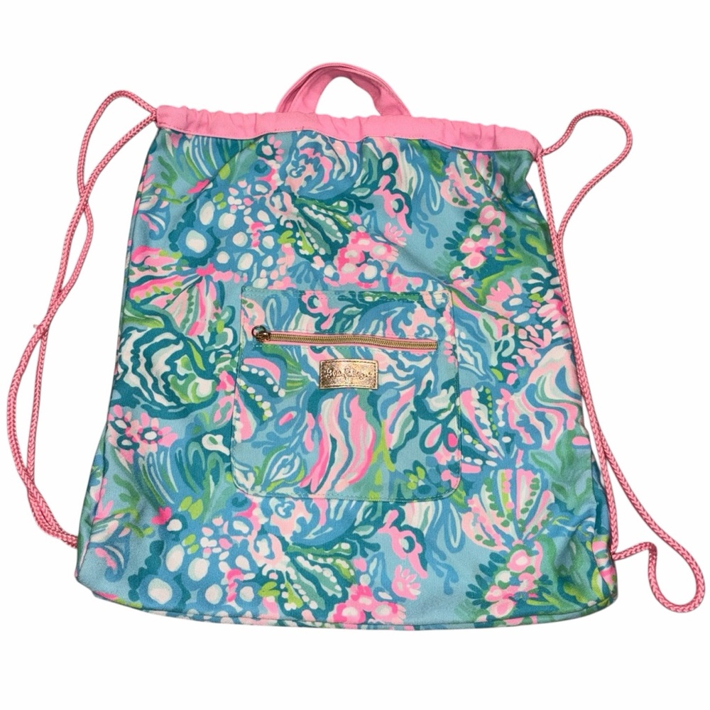 Lilly Pulitzer Blue Ibiza Aqua La Vista Drawstring Canvas Backpack Beach Bag